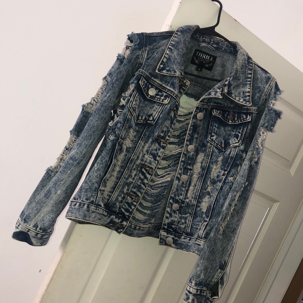 Distressed denim jean jacket